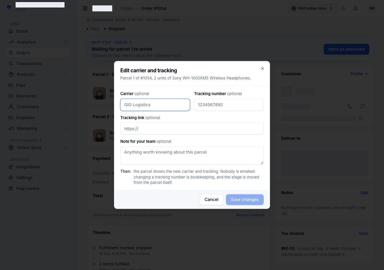 Edit carrier and tracking on a parcel