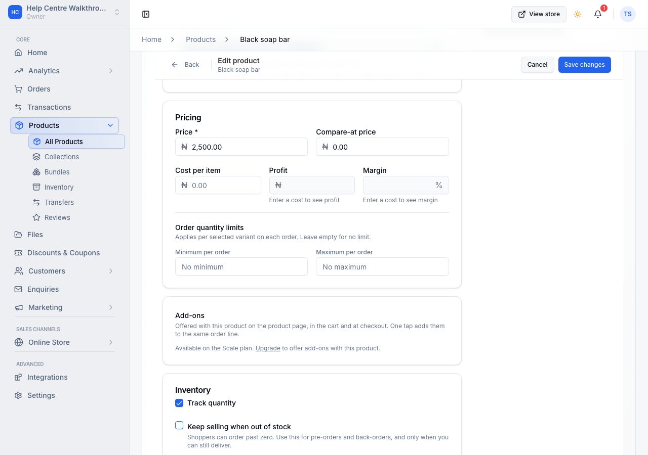 Order quantity limits on the product form