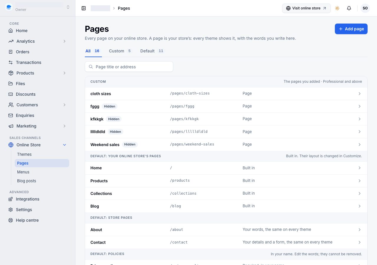 Online Store, Pages, grouped by what each page is