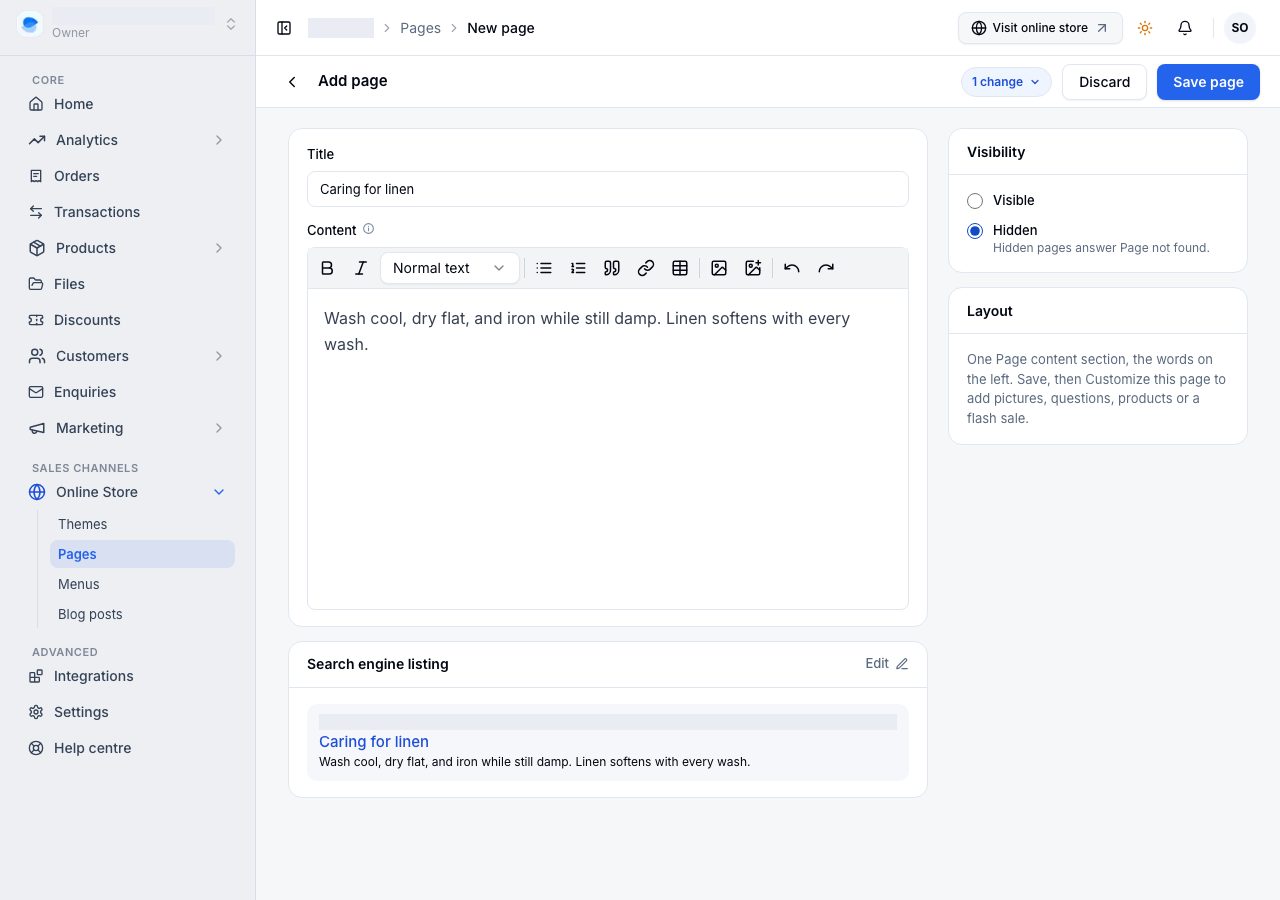 Add page: a new page, its title and words typed, with Hidden chosen