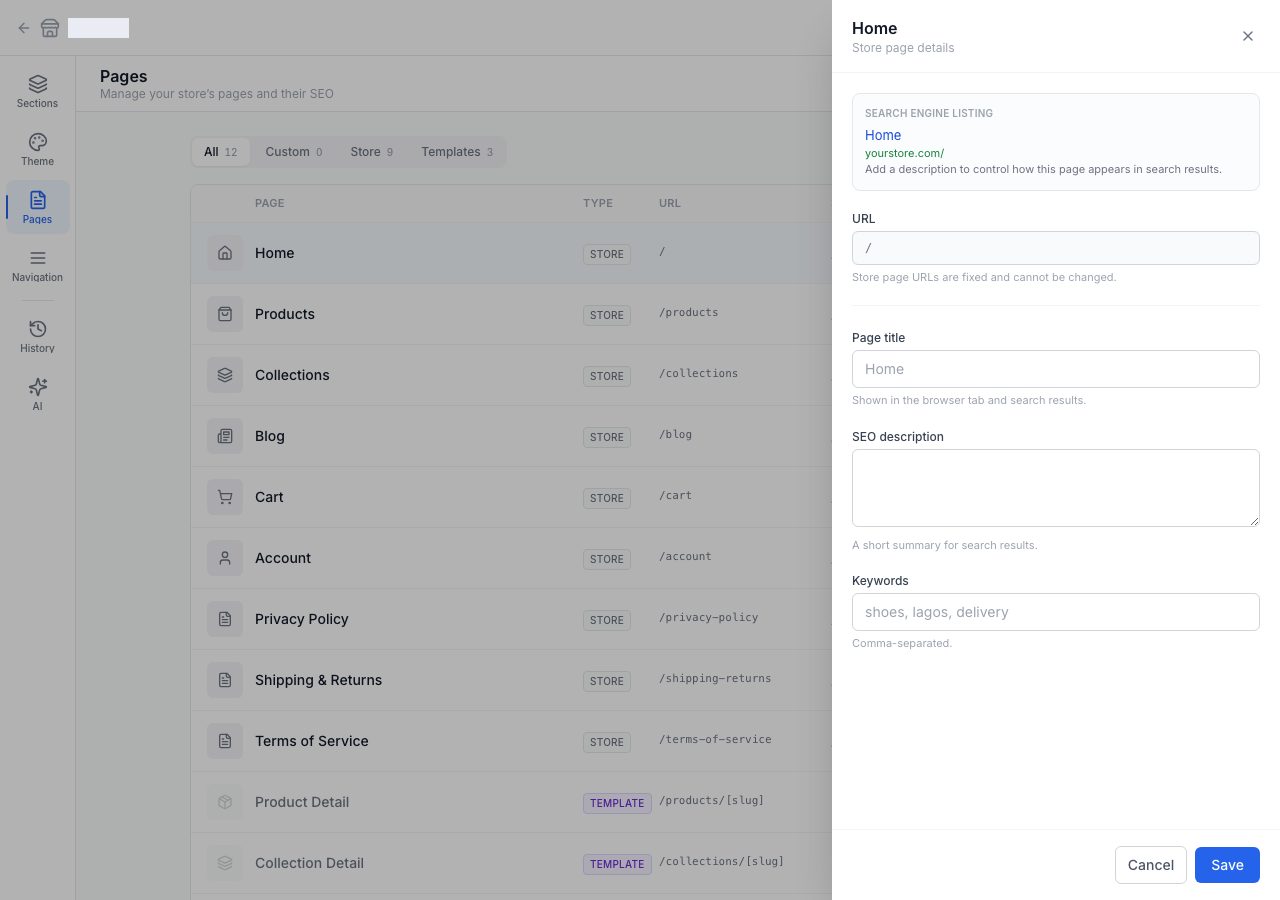The Details drawer for a page, with its search engine listing