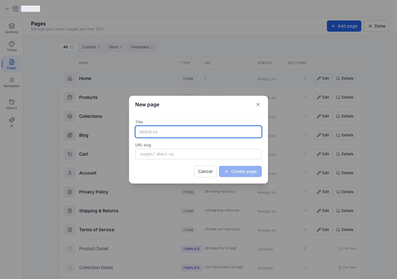 The New page dialog, with a title and a URL slug