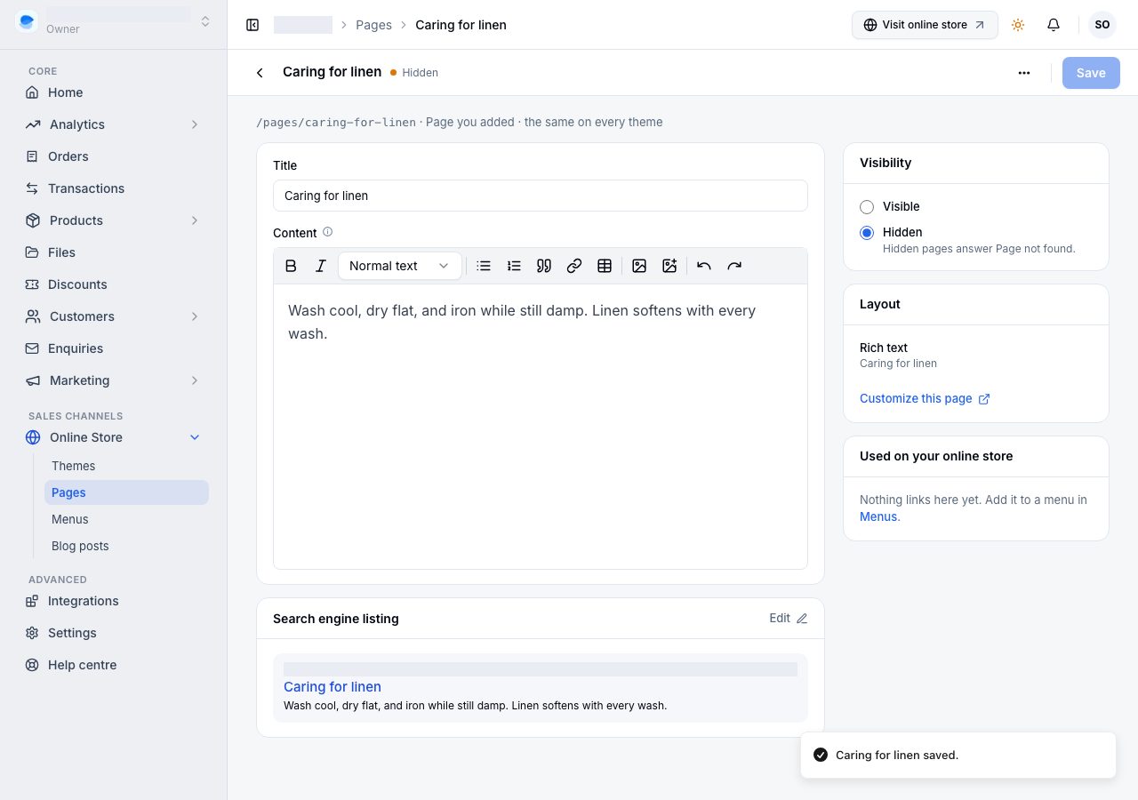 A page you added: its content, search engine listing, visibility, layout and where it is used
