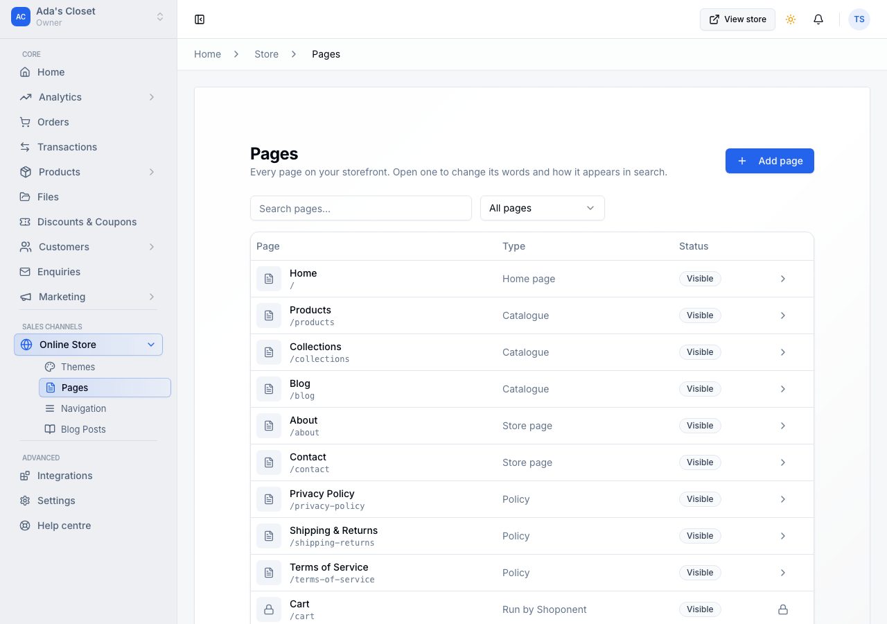 Online Store, Pages, listing a store's pages with their type and status