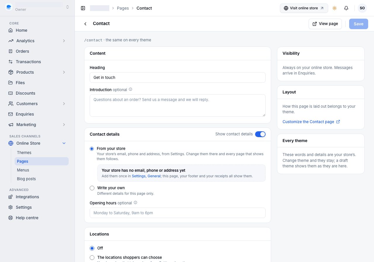 Contact's screen: its content, contact details, locations and form