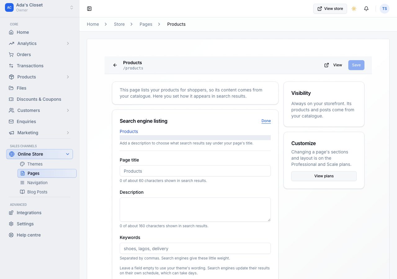 Products' screen with its search engine listing open: page title, description and keywords