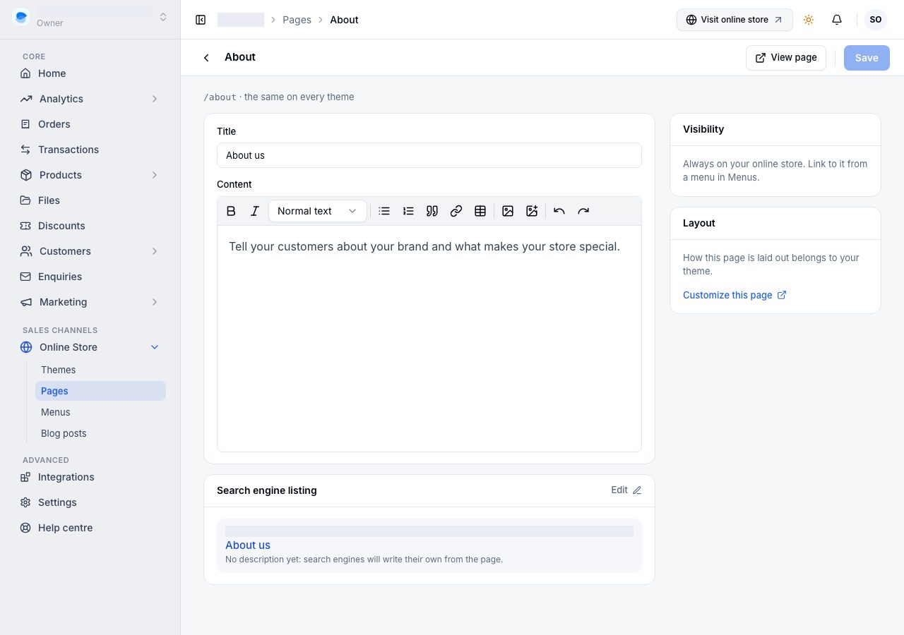 About's screen: its title and content, its search engine listing, and the column on the right