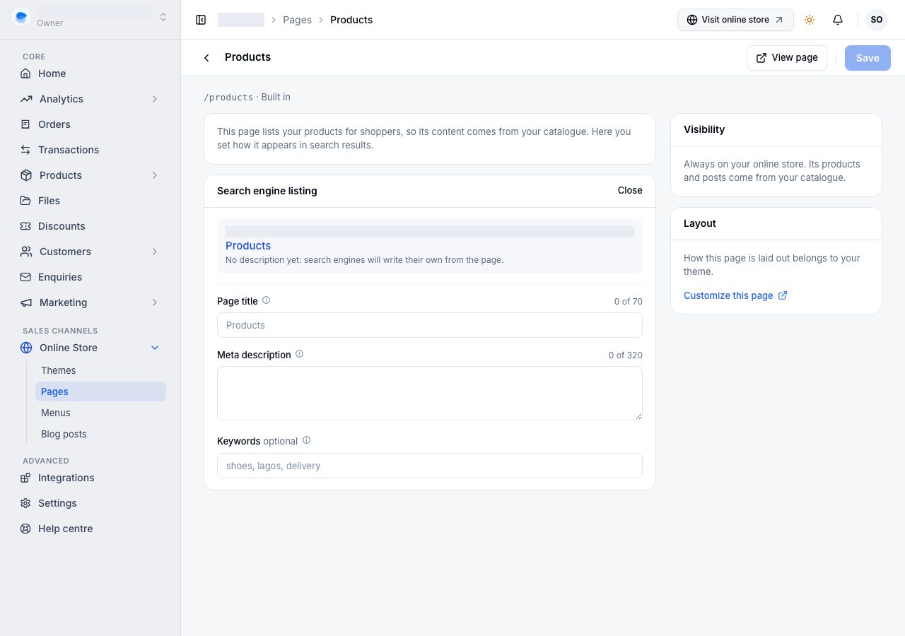 Products' screen with its search engine listing open