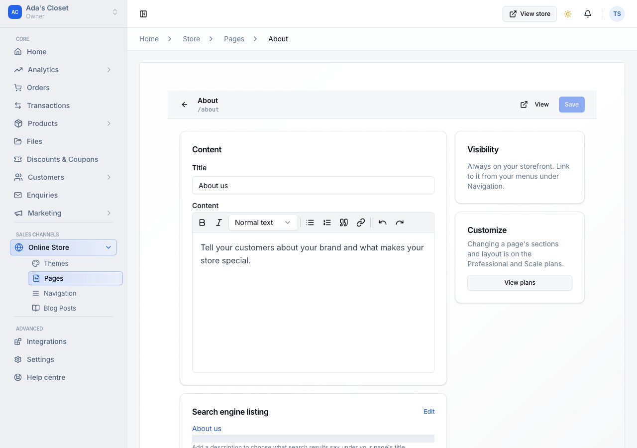 About's screen: its title and text, its search engine listing, Visibility and Customize