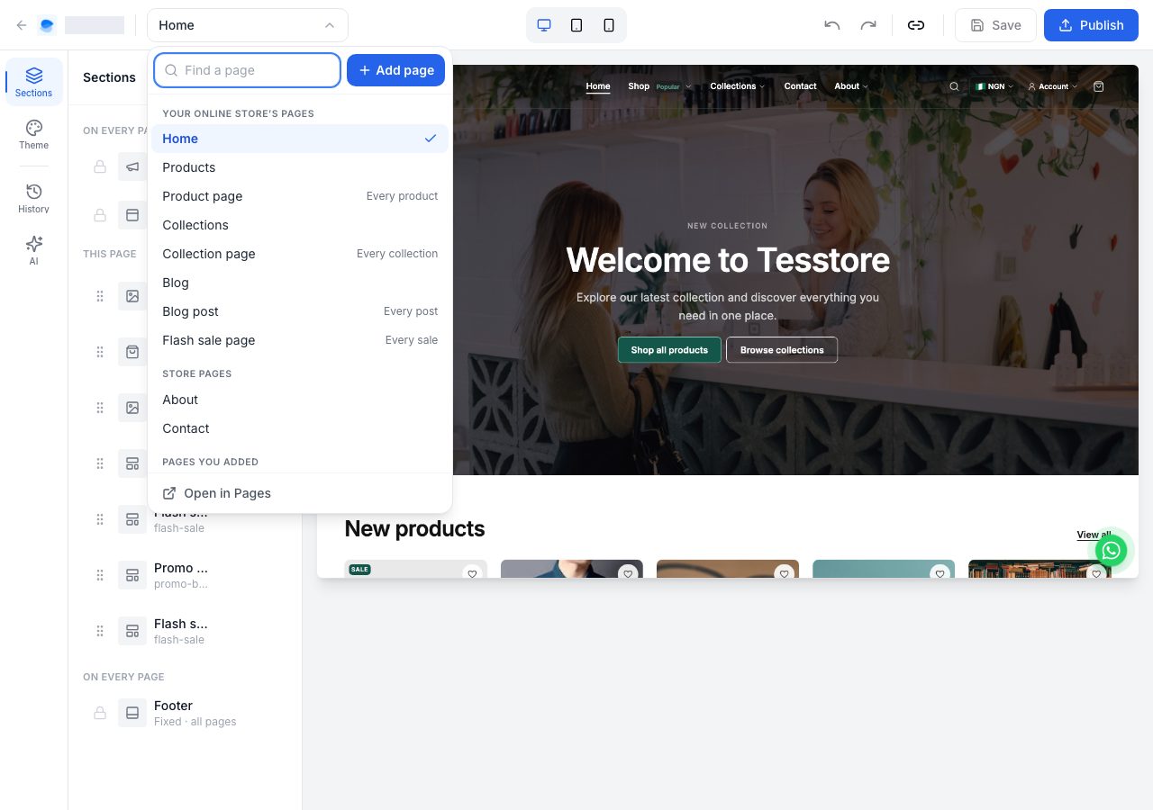 The storefront editor's page list, grouped, with Add page