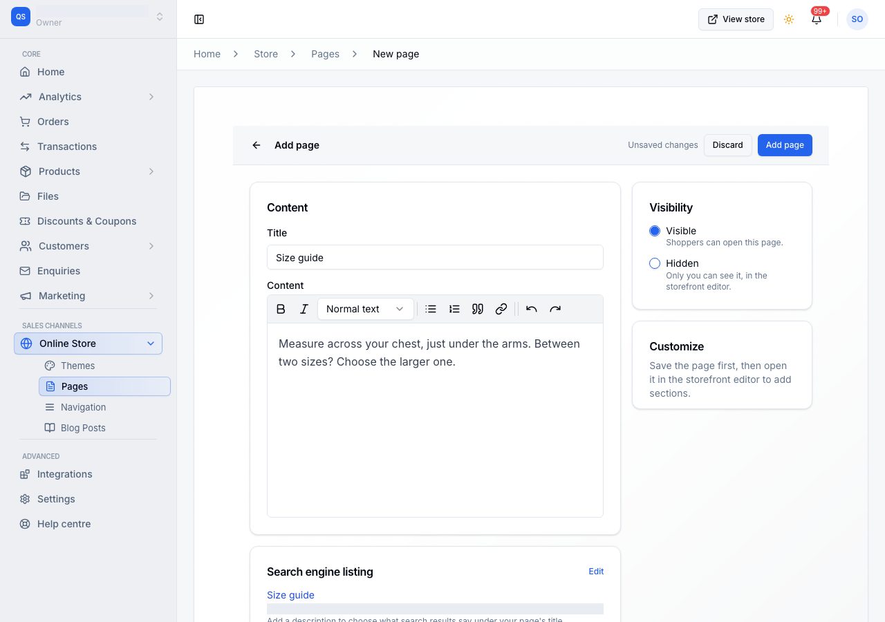 Add page, with a title and text typed in, Visible chosen, and the search engine listing below
