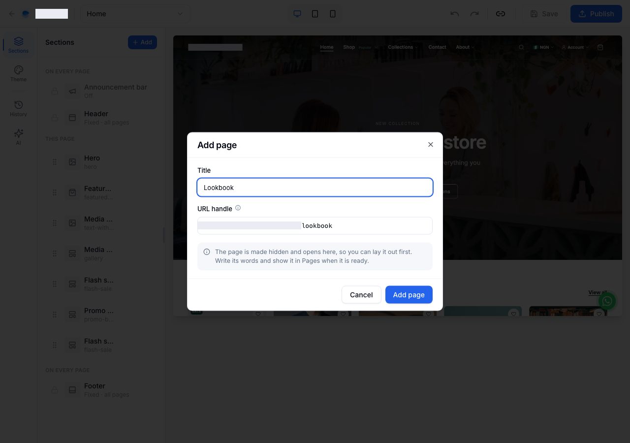 Add page in the storefront editor: a title and a handle