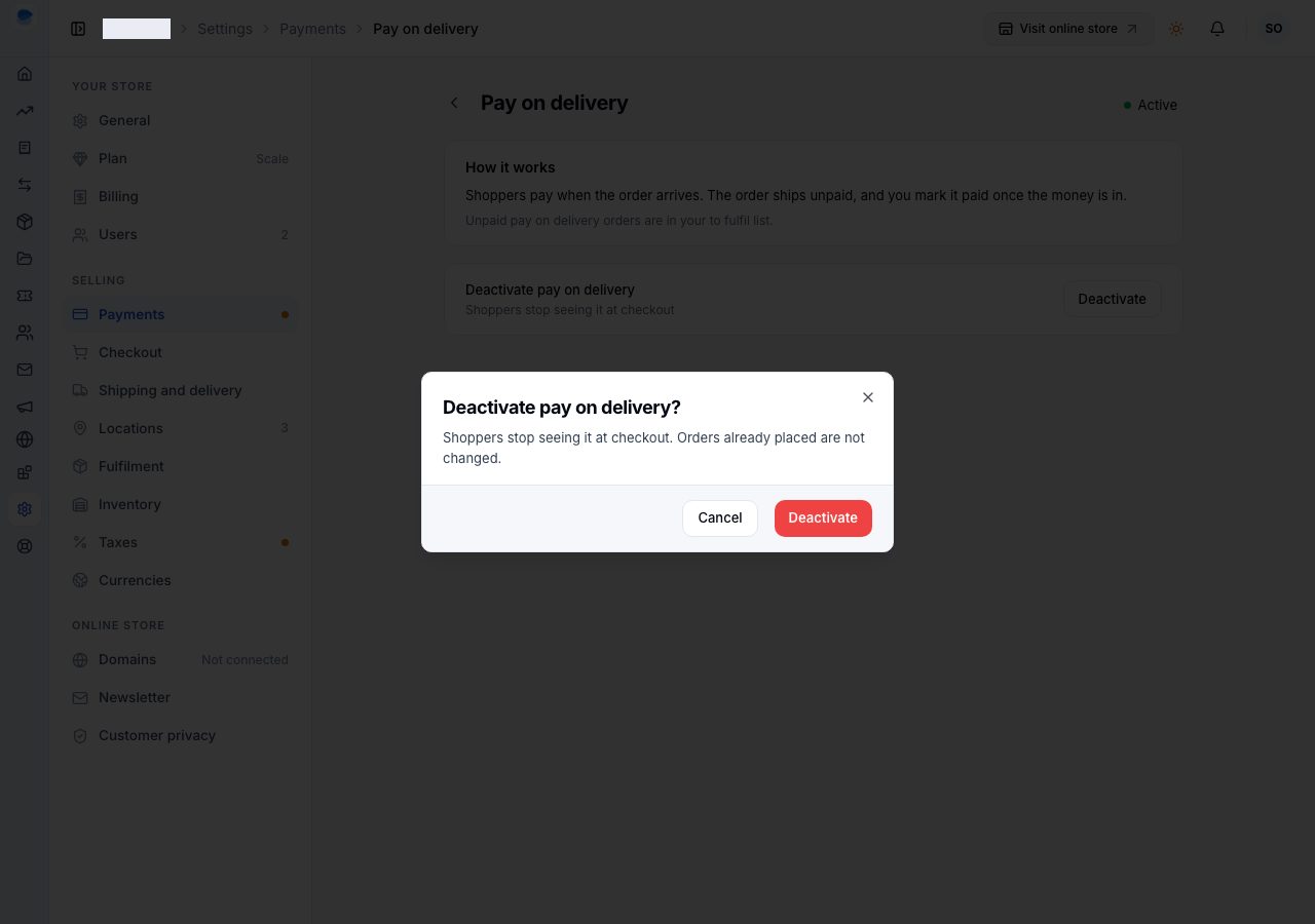 Deactivate pay on delivery?