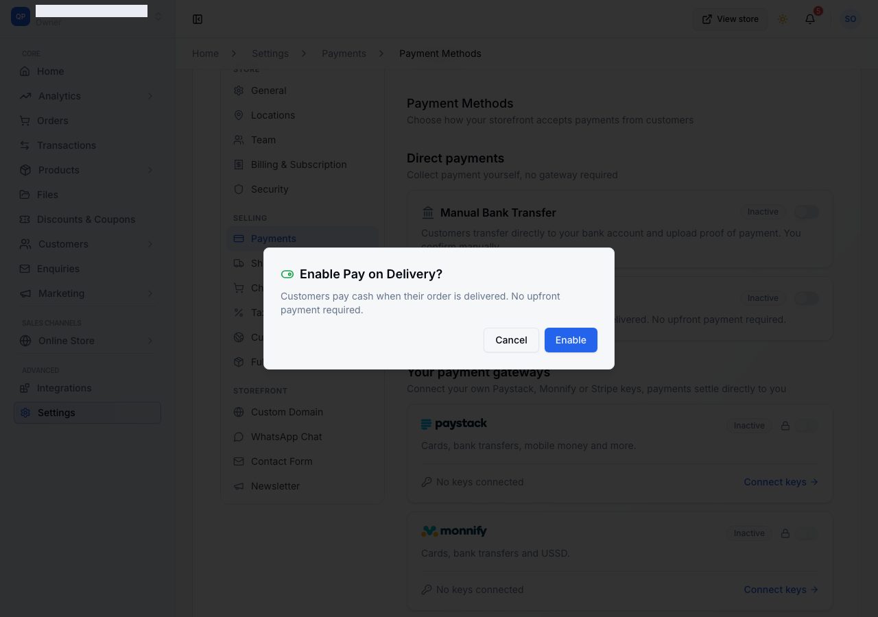 Enable Pay on Delivery? with Cancel and Enable