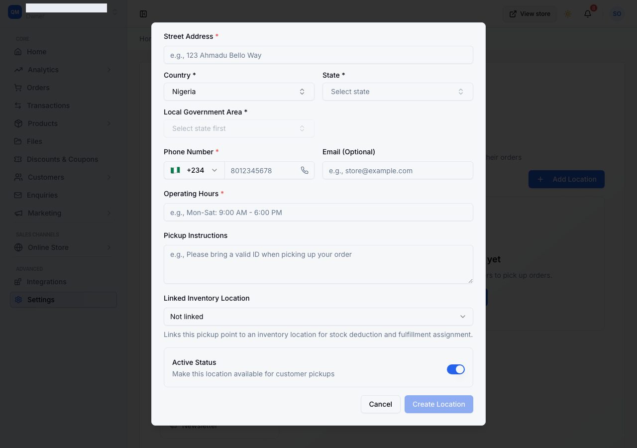 Operating hours, pickup instructions, the linked inventory location and the active switch
