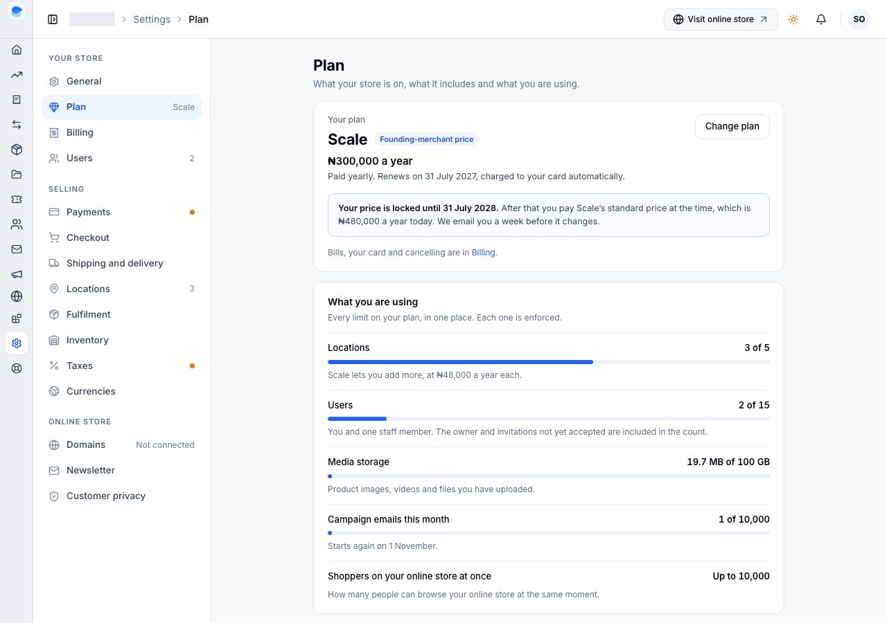Settings, Plan, with the plan and what the store is using
