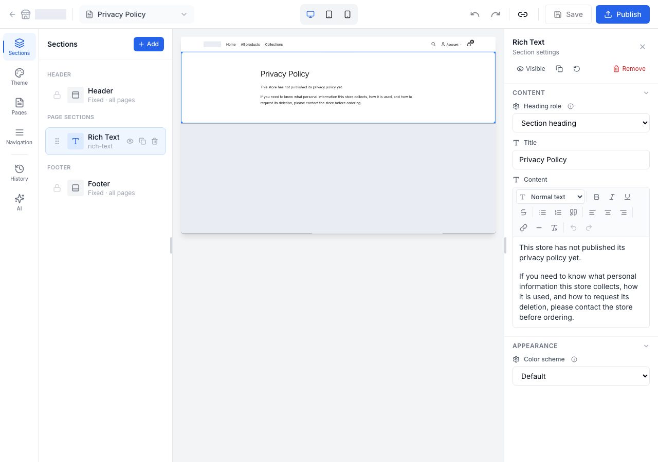 The storefront editor on a policy page: the page in the preview, and its title and text in the settings panel