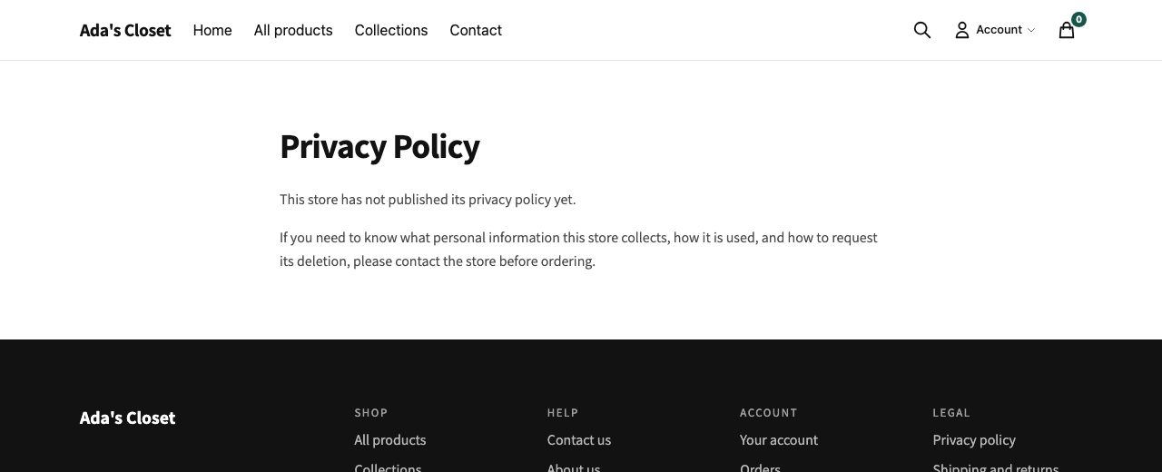 A policy page before the merchant has written one