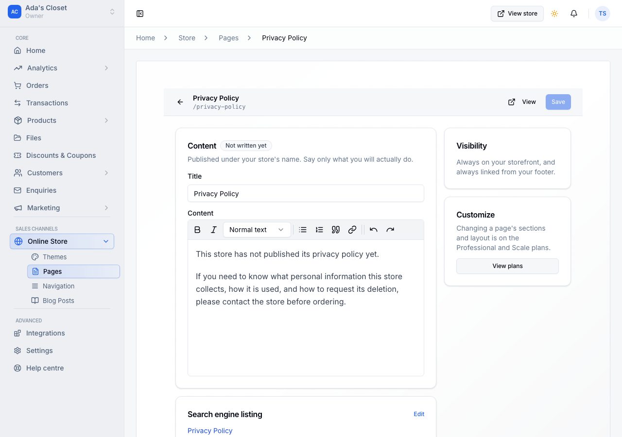 A policy's screen: its title and text, marked Not written yet until you replace the placeholder