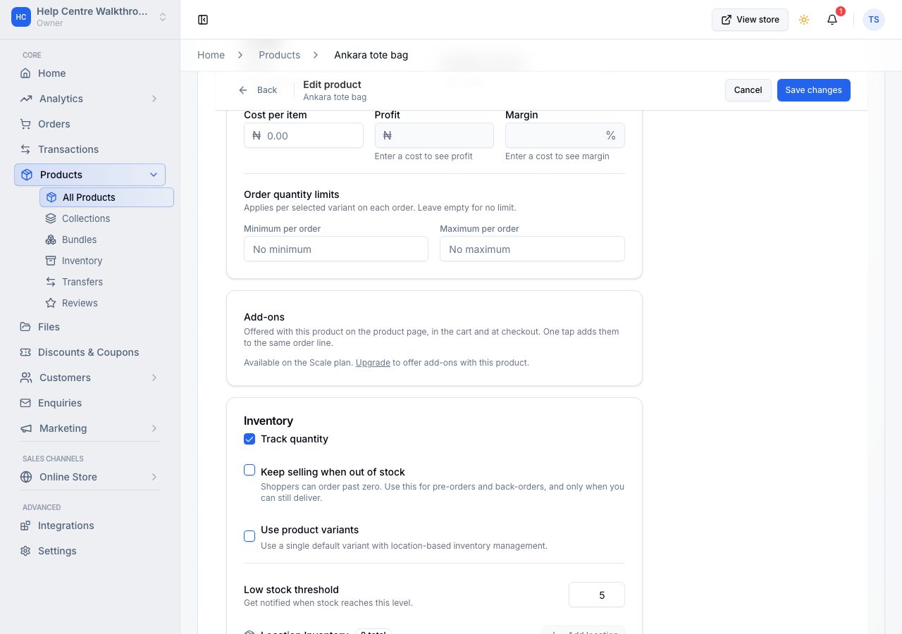 The Add-ons section on the product form