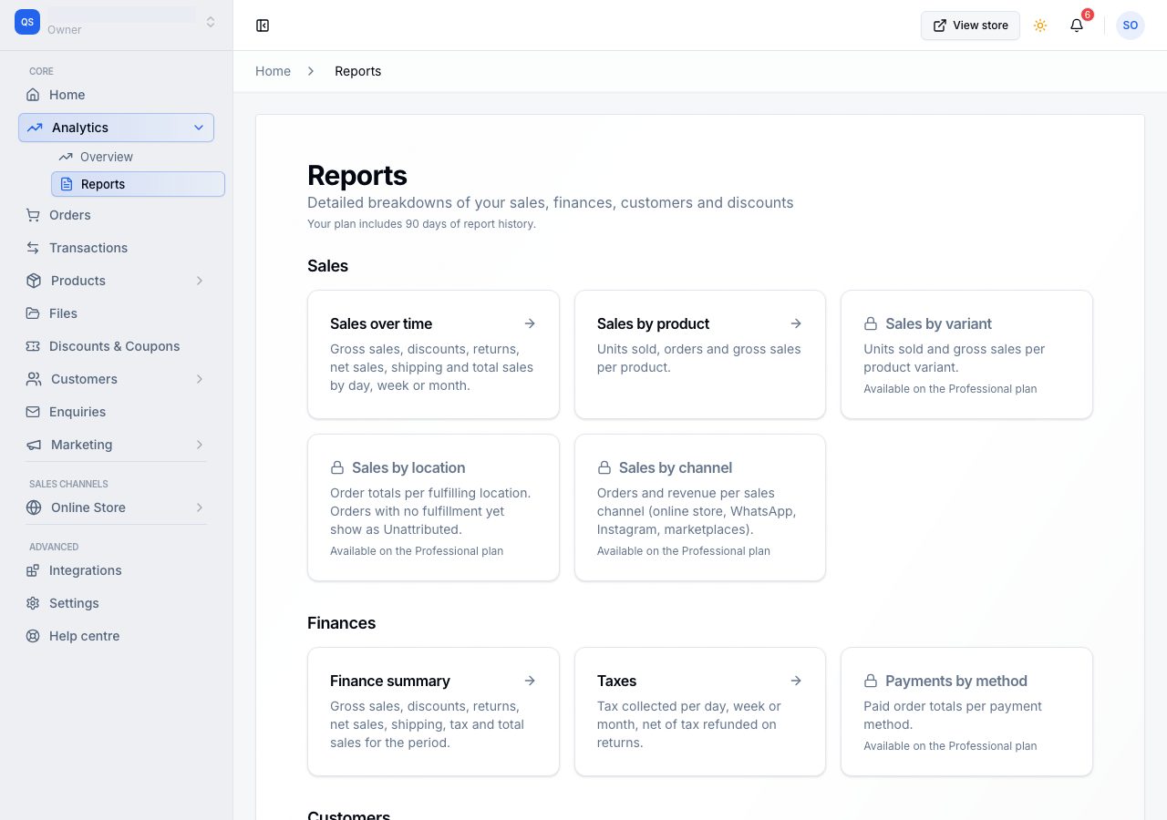 The Reports catalog, grouped by Sales and Finances, with the history window printed under the heading