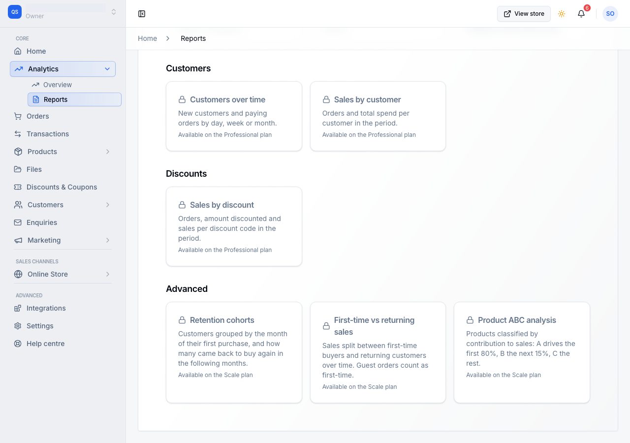 The Customers, Discounts and Advanced report groups, each locked card naming the plan it needs