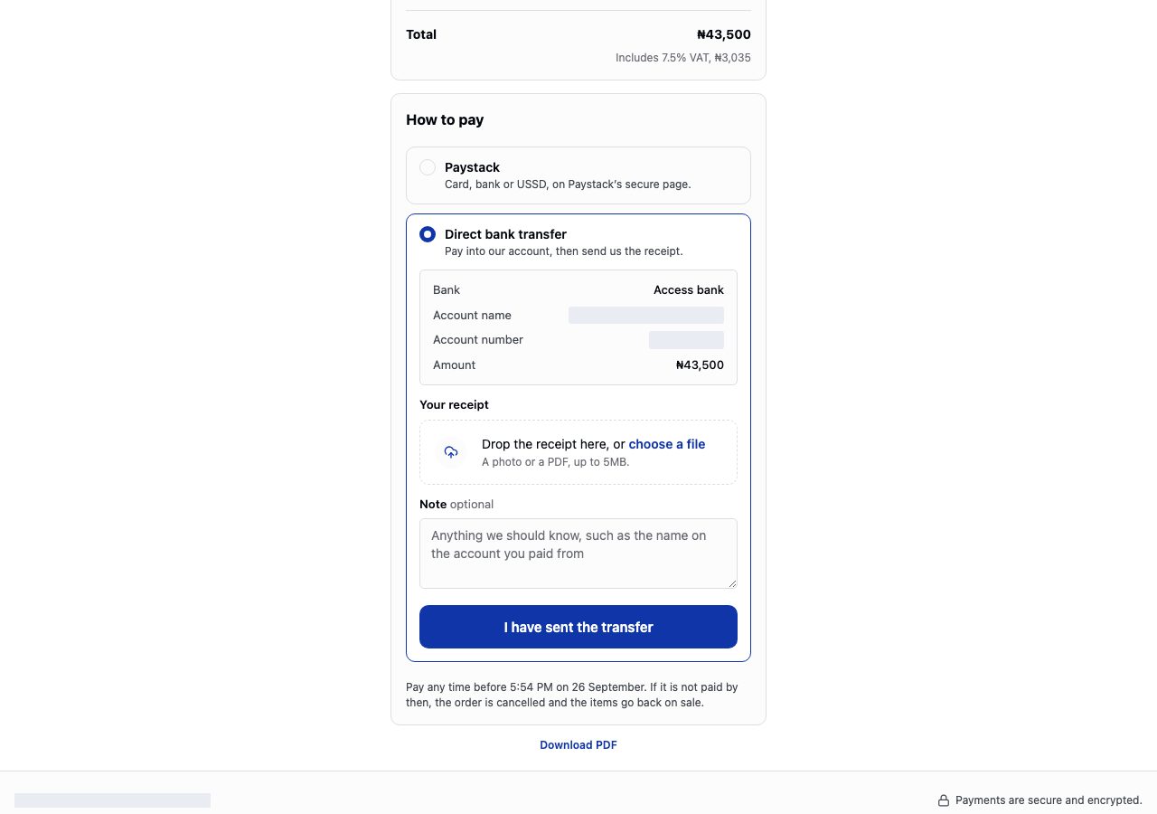 Paying by transfer from the invoice: your account details, the receipt, a note