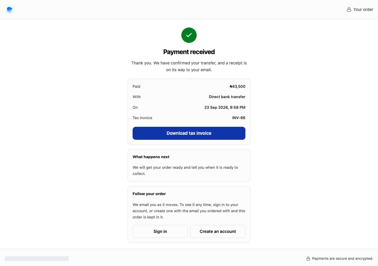 The customer's page once the payment is confirmed