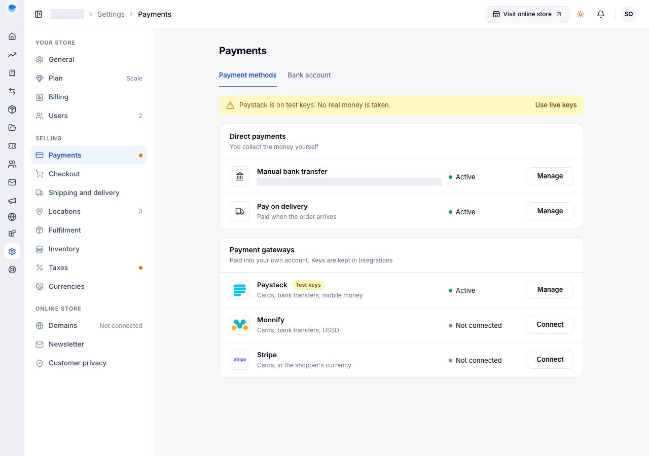 Settings, Payments