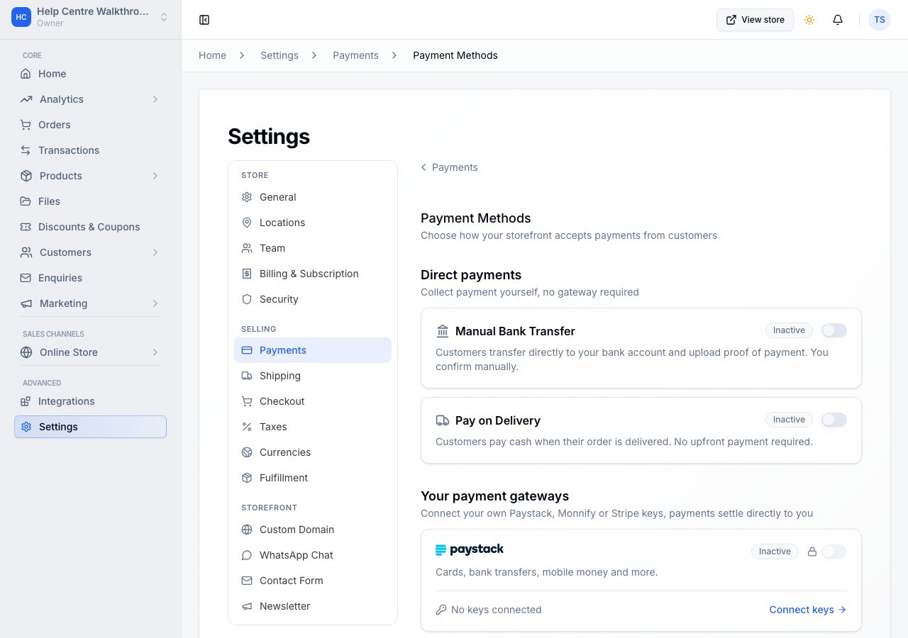 Payment Methods: direct payments and your payment gateways