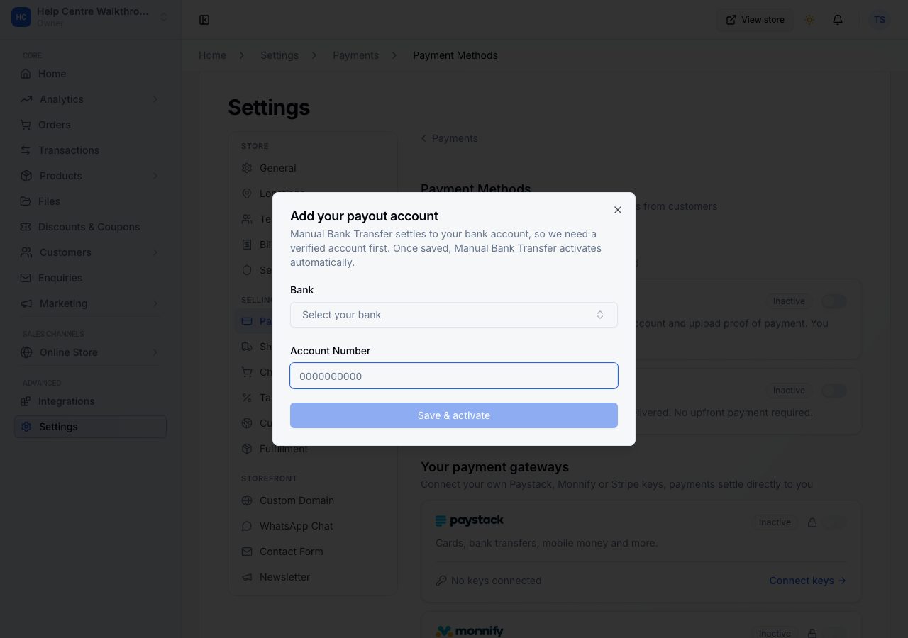 Add your payout account: bank, account number, Save and activate