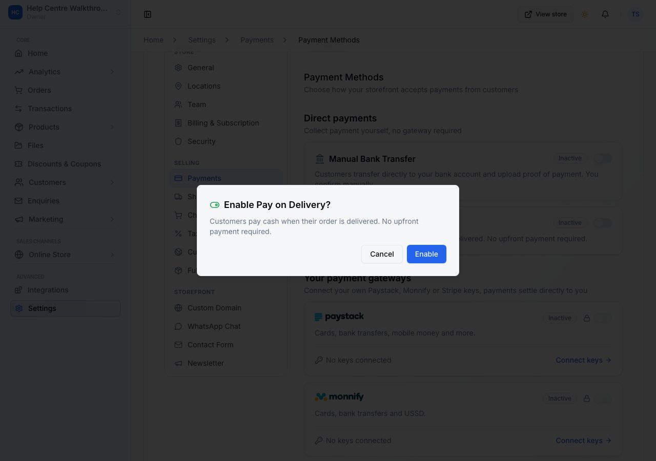 Enable Pay on Delivery? with Cancel and Enable
