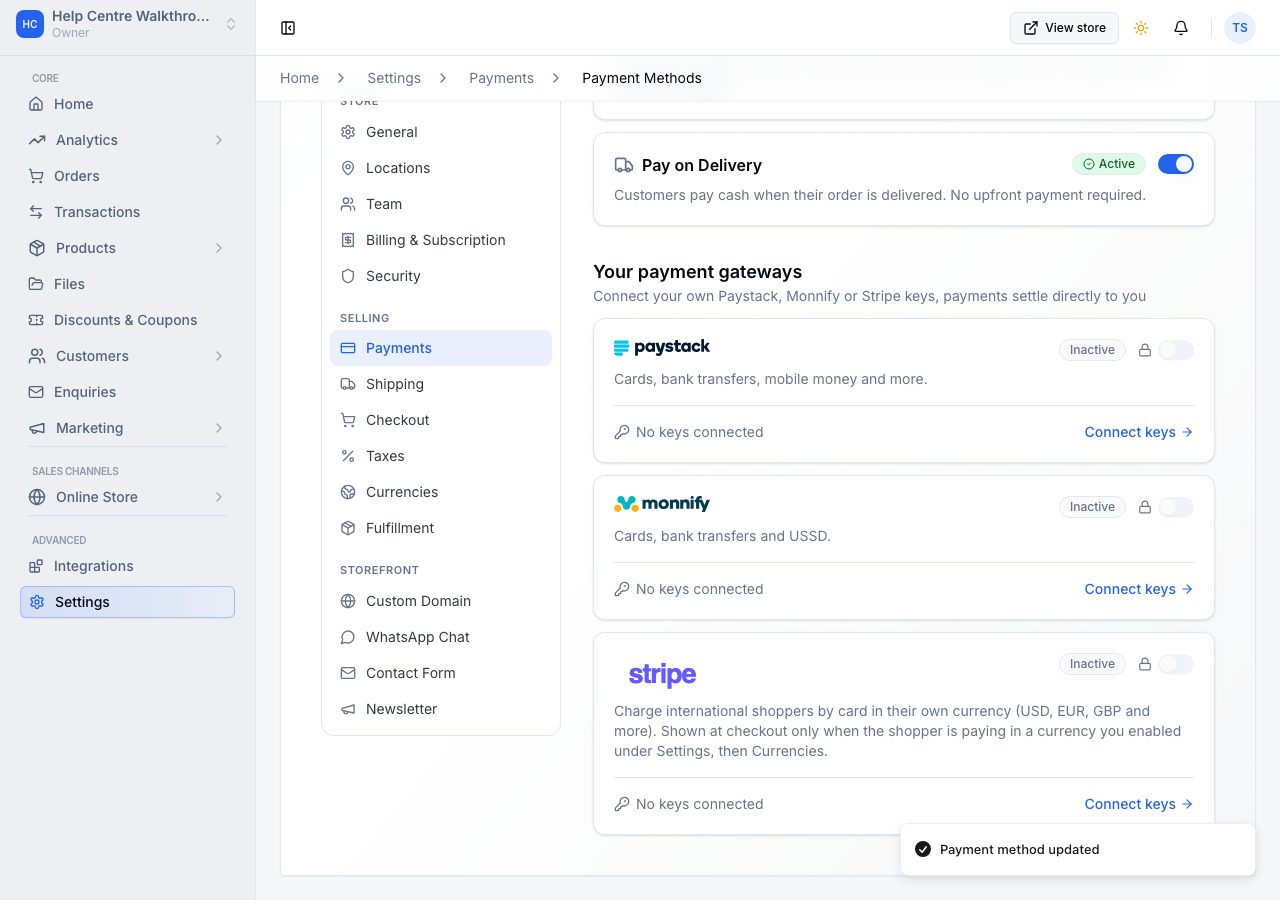 Your payment gateways: Paystack, Monnify and Stripe, each with Connect keys