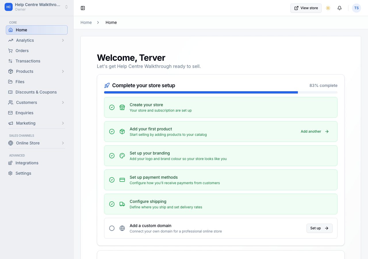 Home with Set up payment methods ticked