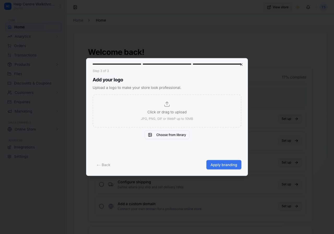 Add your logo: the upload box and Choose from library, with Apply branding