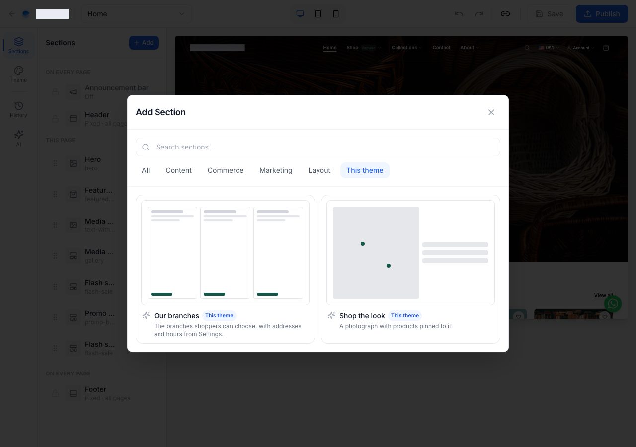 Add section, the This theme tab: Our branches and Shop the look