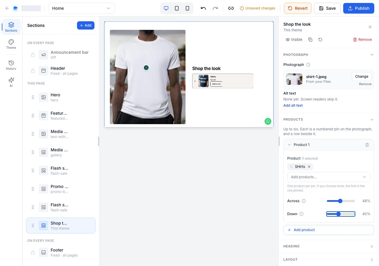 One product pinned, with Across and Down