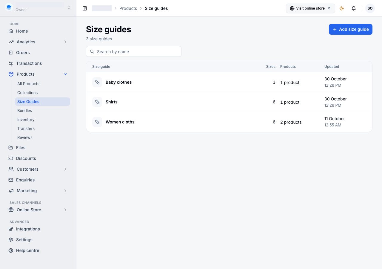 Size guides, two guides with their sizes and products