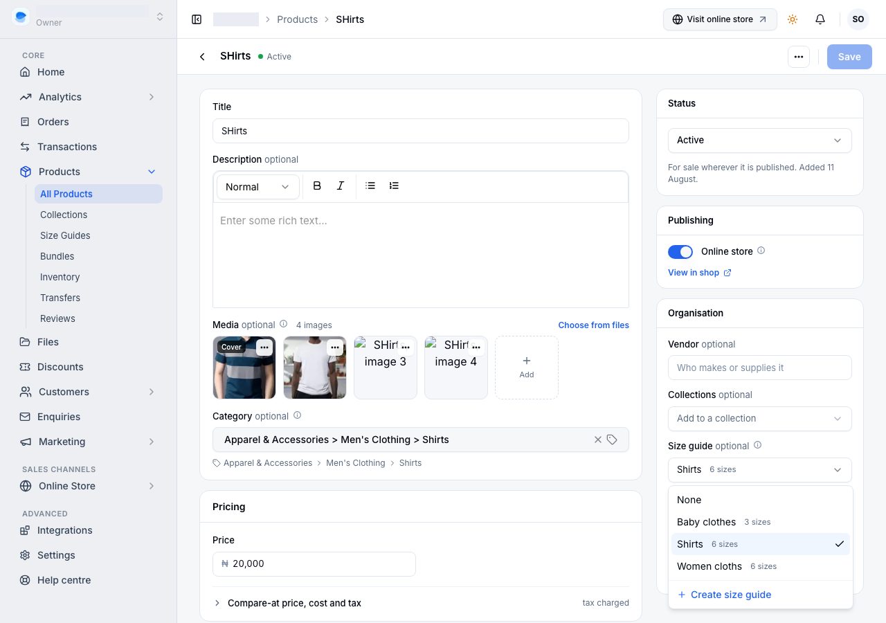 A product's Size guide field, open