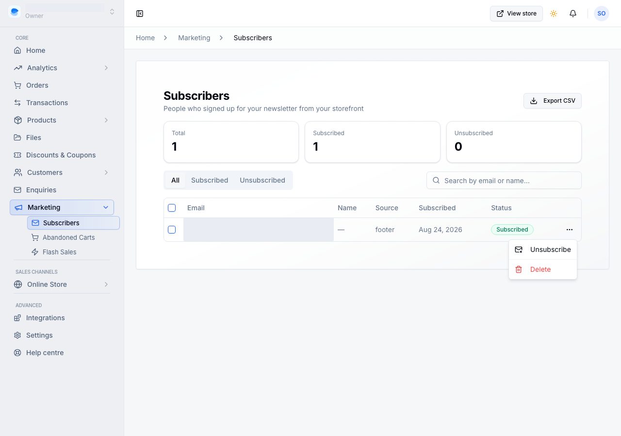 A subscriber's row menu