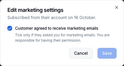 Edit marketing settings: the box, and the line saying the permission is yours