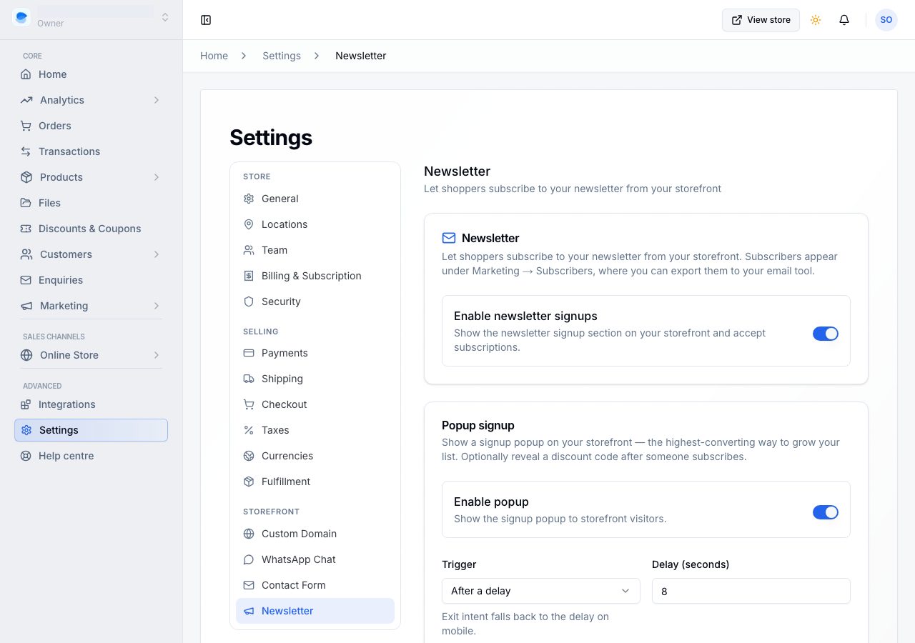 Settings, Newsletter: the signup switch and the popup