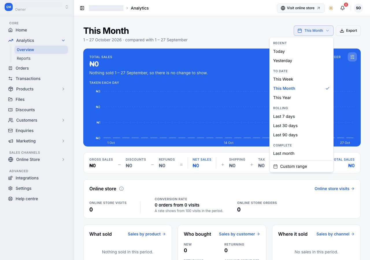 The date range menu open, with the Recent, To date, Rolling and Complete groups