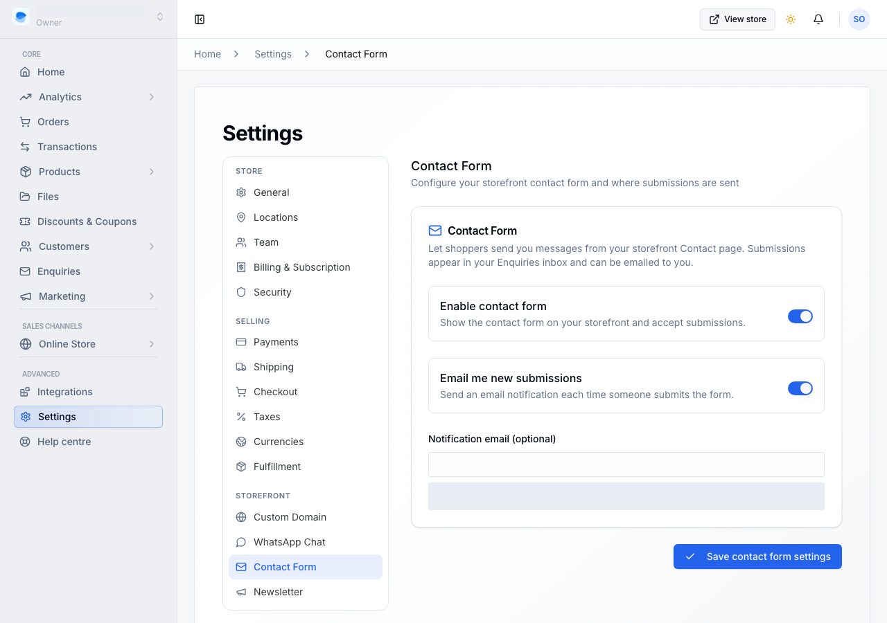 Settings, Contact Form: the switch, the email notification and where it goes
