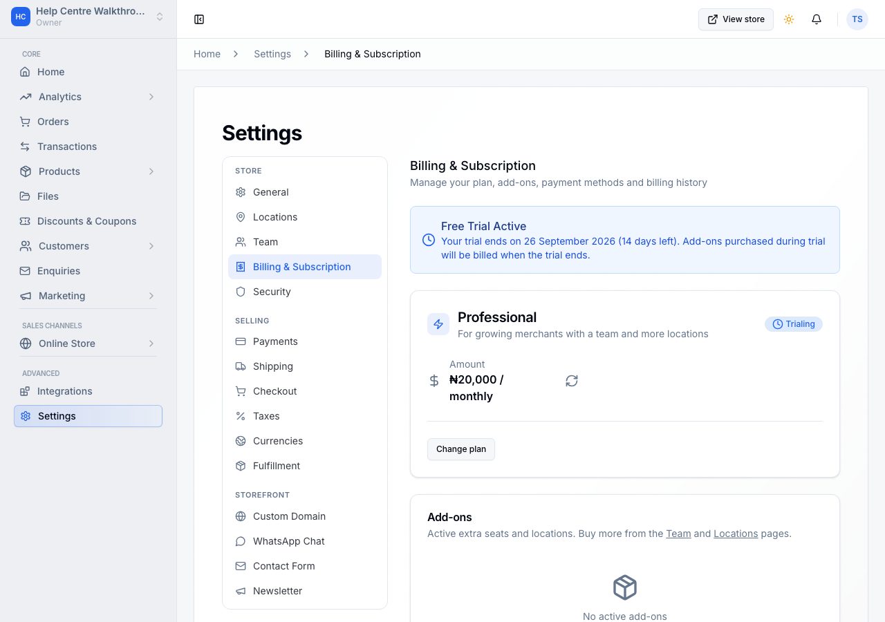 Billing & Subscription during the trial