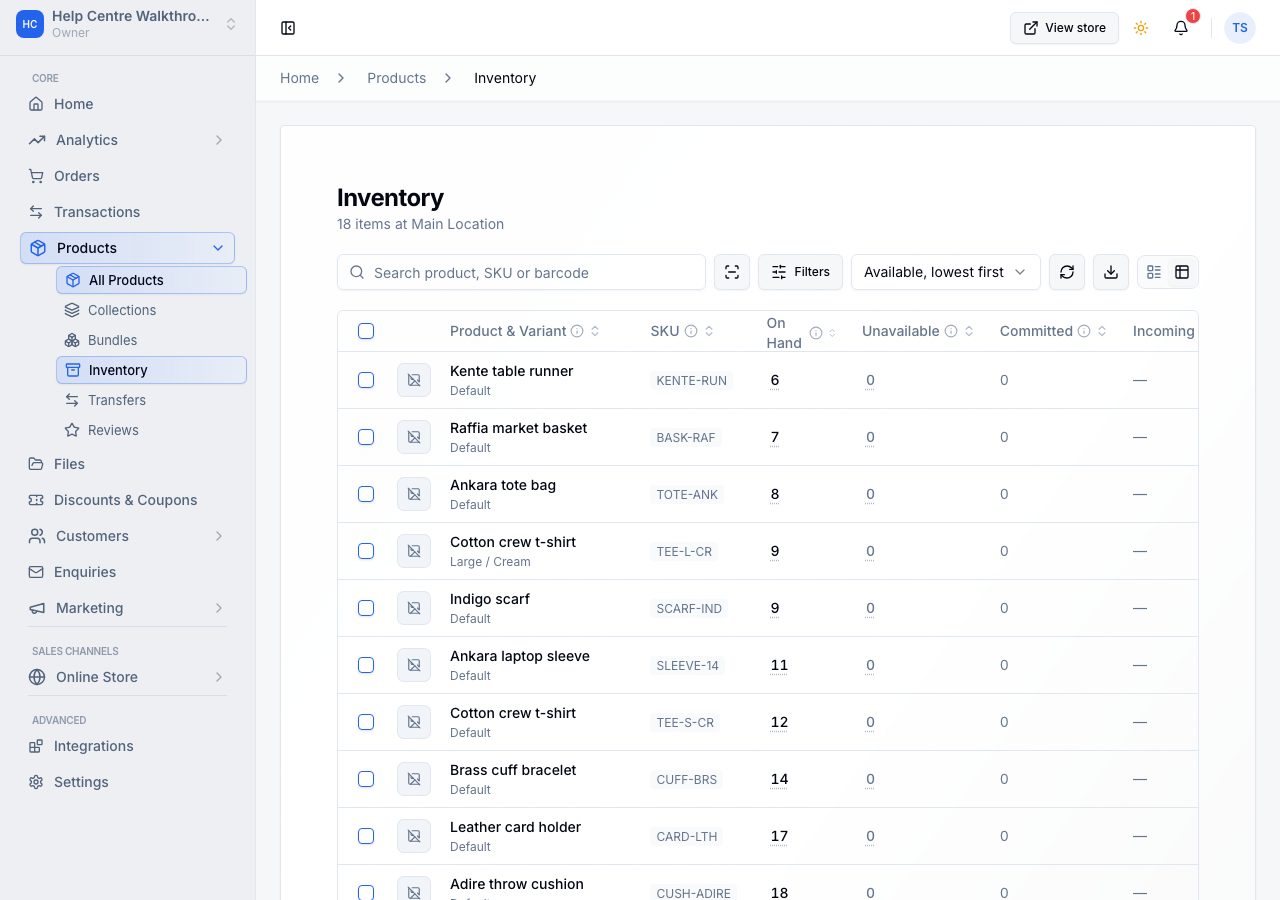 The Inventory page