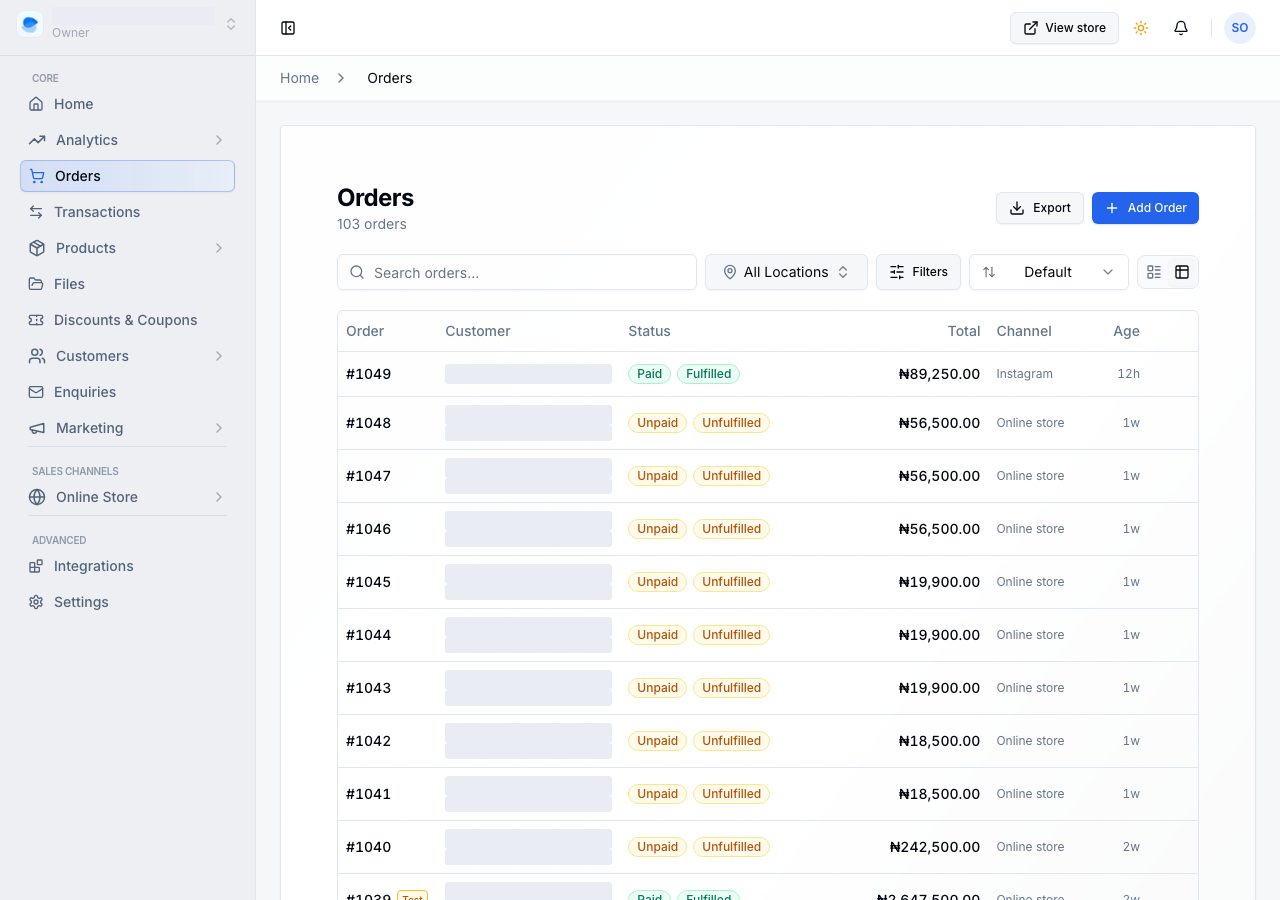 The orders list, with two status chips on every row