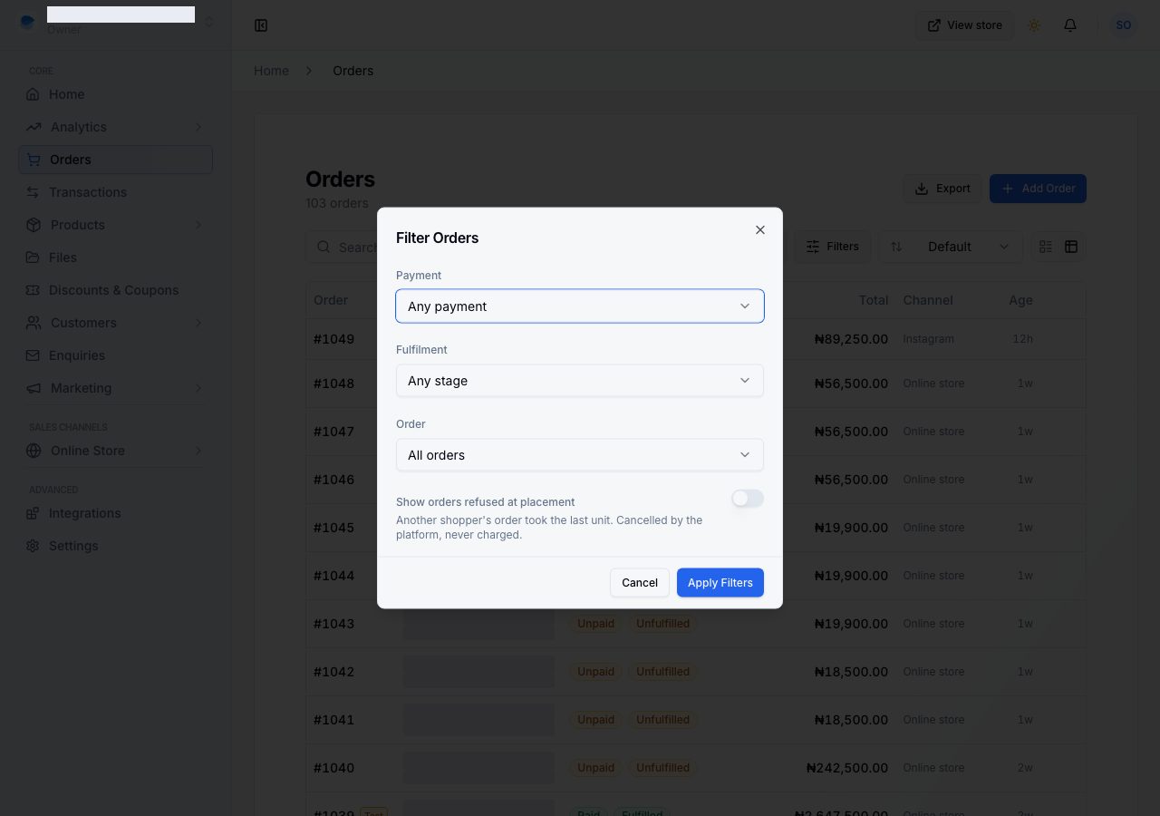 The Filter Orders dialog: payment, fulfilment and order