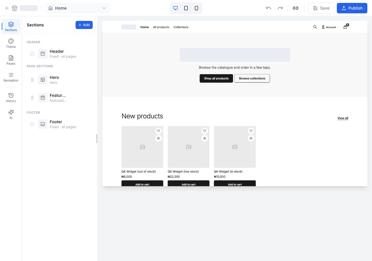 The storefront editor: the section list, the preview and the toolbar