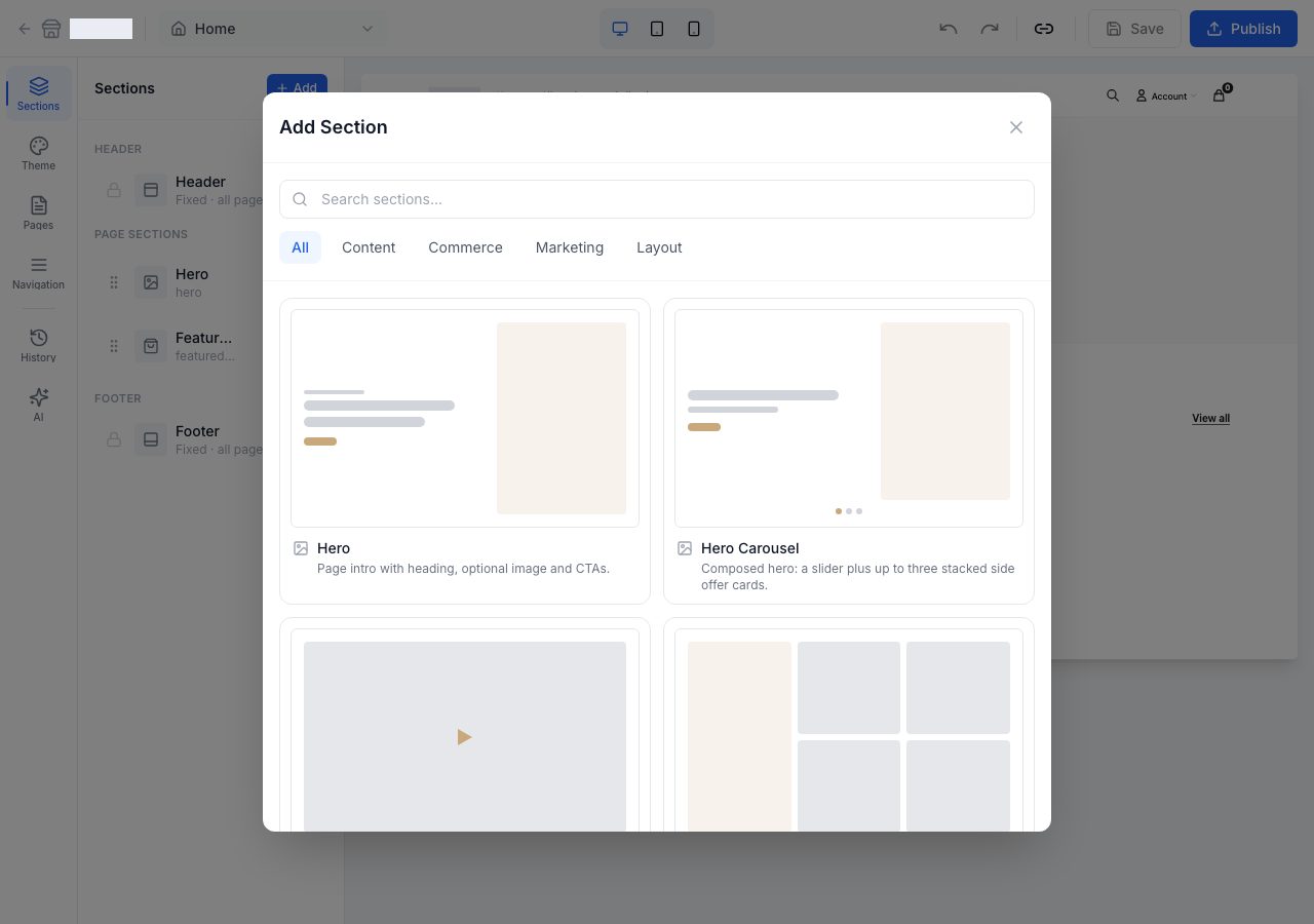 The Add Section palette
